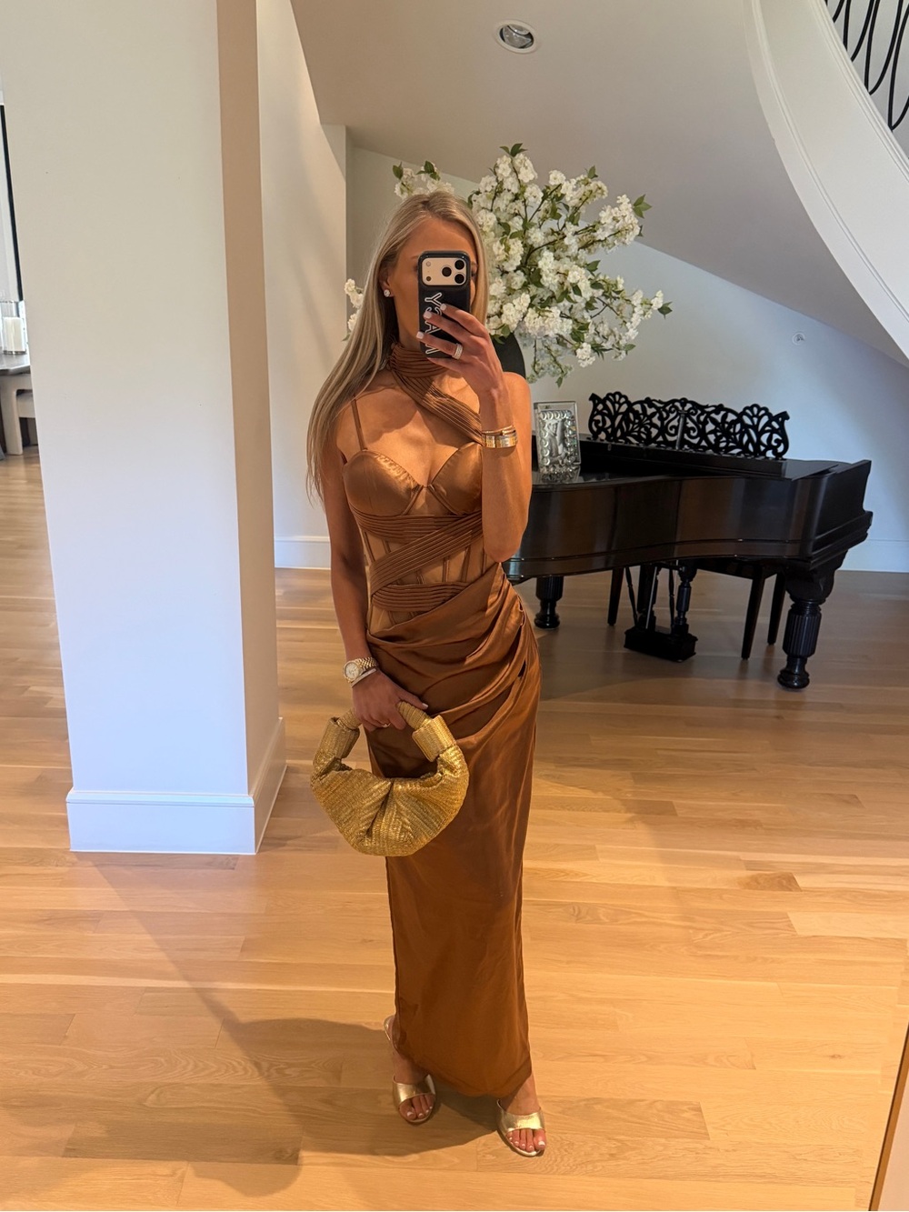 Women's Satin Cutout Maxi Dress in Bronze XS new JLUX